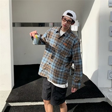 潮牌磨毛格子衬衫男春季磨毛格子衬衫宽松长袖衬衣CS21，男装衬衫，星座1116A-1（原606A）