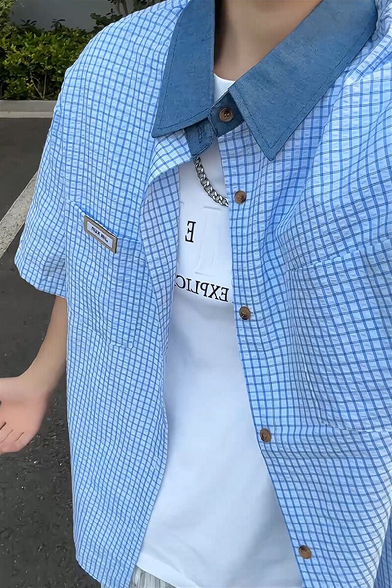 夏季港风Cityboy贴标牛仔领撞色格子短袖衬衫DC2217-P38【特价】,男装衬衫,电商A007