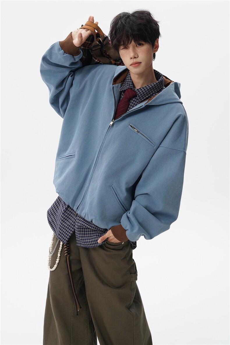 8XL-M美式复古撞色连帽水洗夹克男高级感做旧情侣外套JK1327P88,男装夹克,电商D206-1