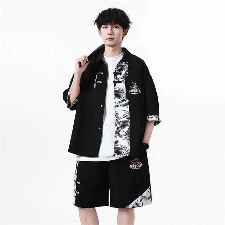 新中式竹纹拼接短袖衬衫夏季风潮牌半袖衬衣外套A436-T18-P65,男装衬衫,电商A436