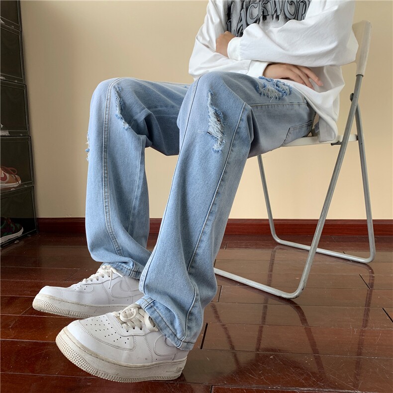 牛仔裤男秋季美式高街vibe水洗破洞宽松直筒裤A166-K001-P50控68,男装牛仔裤,电商A166
