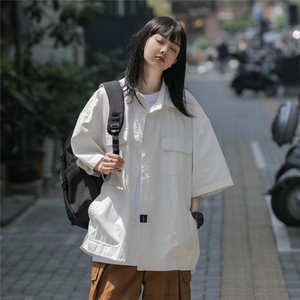 日系复古工装短袖衬衫男女中性宽松百搭情侣五分袖上衣S6322-p38图片
