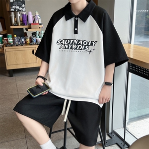 港风夏款男运动套装短款POLO衫短裤字母印花拼色套装TZ019 P55图片