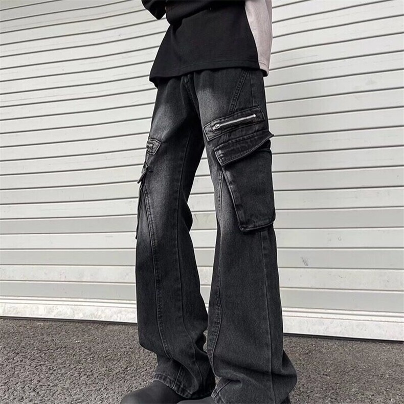 黑色弯刀牛仔裤男款春秋美式多口袋工装裤子显瘦直筒不贴身微喇裤,男装牛仔裤,星座813-2