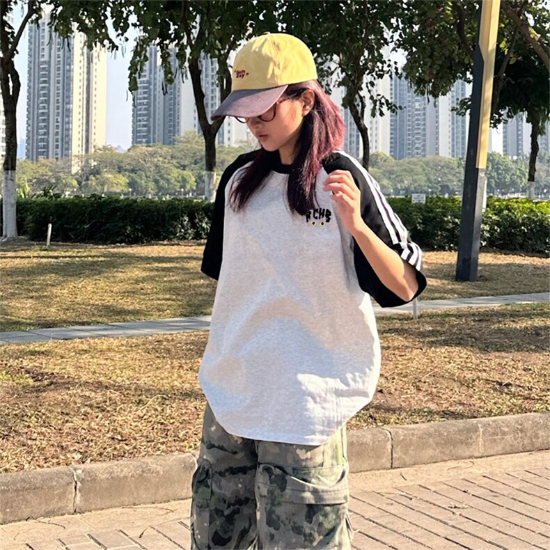 抖音得物品质二开240克宽松纯棉美式潮牌插肩三杠织带短袖T恤,男装T恤,电商A486
