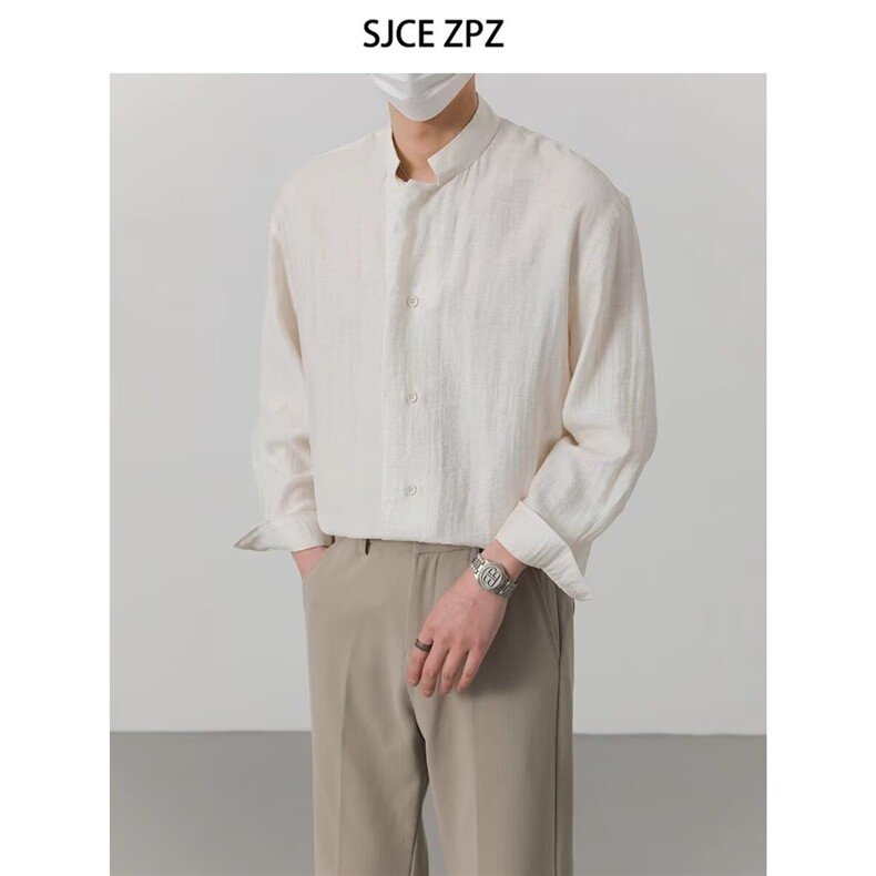 宽松休闲长袖男衬衣新中式薄高级感亚麻春夏秋冬上衣潮流立领衬衫，男装衬衫，星座410-6（原星座1304-1）