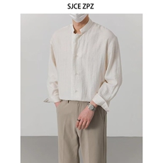 宽松休闲长袖男衬衣新中式薄高级感亚麻春夏秋冬上衣潮流立领衬衫，男装衬衫，星座410-6（原星座1304-1）