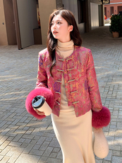 现货！2700A新中式提花圆领短款羽绒外套女配袖口狐狸毛条，女装羽绒服，衣秀之家