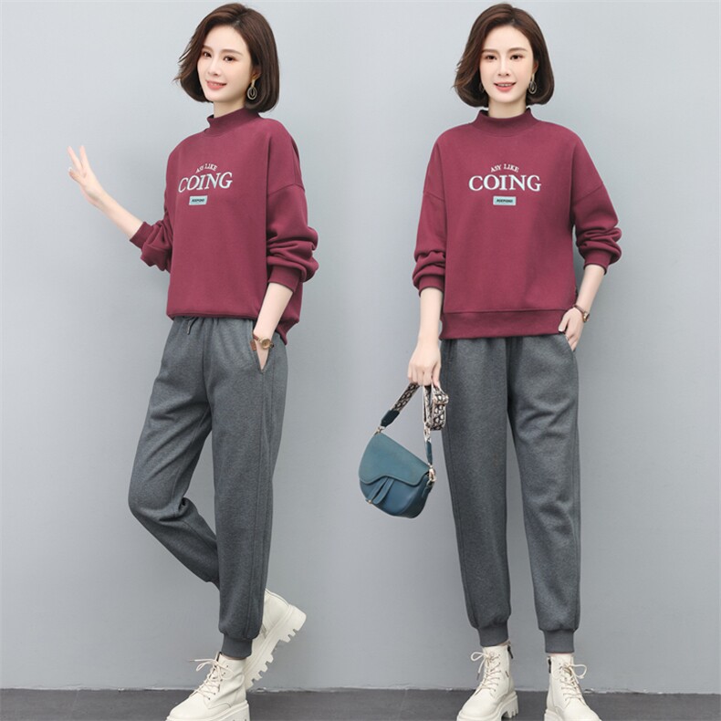 冬季新款加厚加绒卫衣两件套女刺绣休闲卫衣女中老年妈妈装，女装套装/套裙，璐依舞