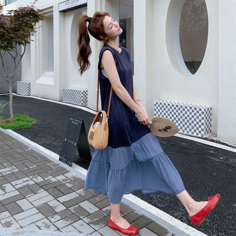 夏季新款韩版宽松显瘦百搭无袖背心连衣裙女中长款裙子,女装连衣裙,2C166