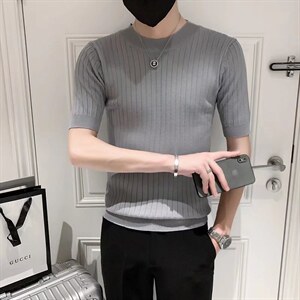 男春季潮韩版宽松百搭情侣冰丝短袖针织衫S246P35图片
