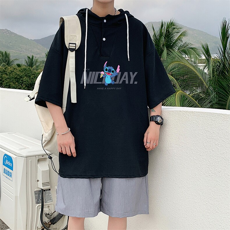 LD54173-P45连帽短袖t恤男大码胖子带帽五分袖中袖,男装T恤,电商A040