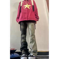24年高街vibe破洞毛边撞色拼接微喇叭牛仔裤男女长裤潮裤子-CK928，男装牛仔裤，星座601-2