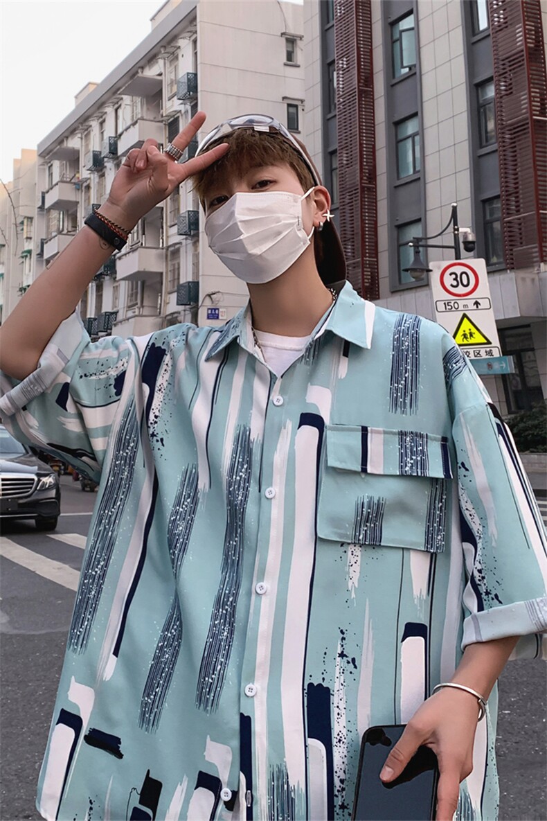 C8045/P35港风夏季条纹个性衬衫男短袖衬衣宽松休闲大码上衣男,男装衬衫,电商A141