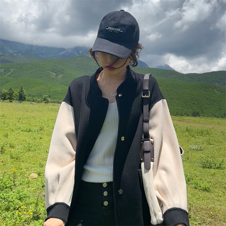 2025年夏季长袖修身型不连帽棒球服时尚百搭简约大方，女装棉衣/棉服，蒙绒特