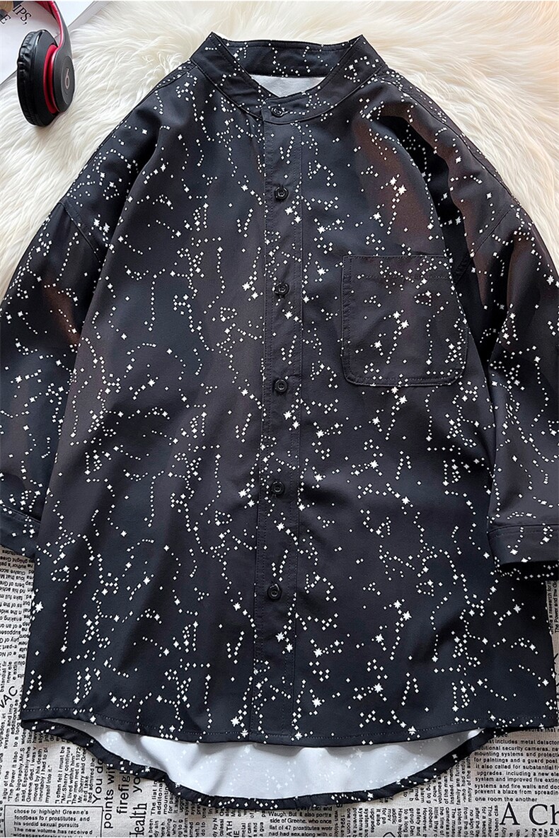 C9038/P35毛毯港风平铺冰丝垂感立领星空衬衣男满天星衬衫七分袖,男装衬衫,电商A141
