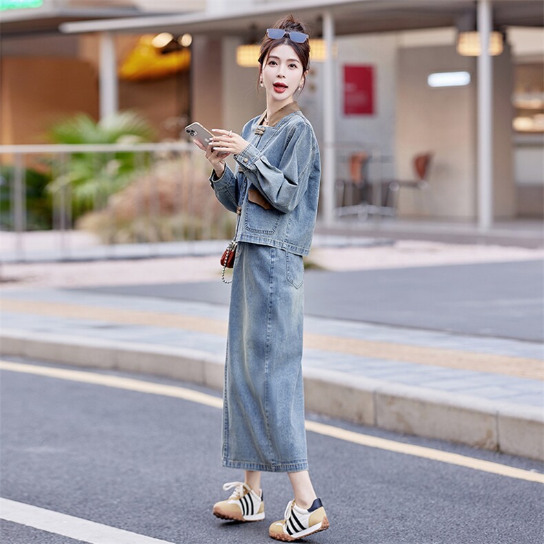 新中式国风撞色牛仔套装裙女2024春季新款时尚高级感休闲两件套潮,女装套装/套裙,瑶迪依秀