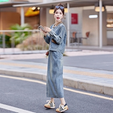 新中式国风撞色牛仔套装裙女2024春季新款时尚高级感休闲两件套潮，女装套装/套裙，瑶迪依秀