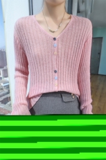 时尚V领宽松针织开衫优雅气质百搭毛衣简约休闲淑女风，女装针织衫/毛衣，百色羊绒