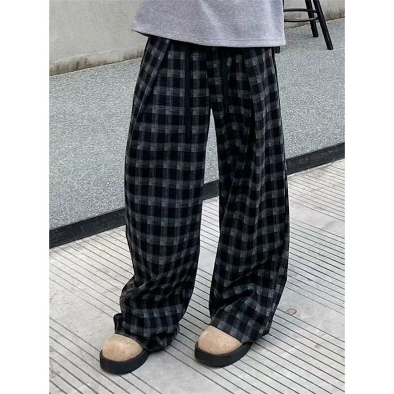 网图美式复古黑白格子慵懒风阔腿弯刀a字垂感休闲裤310A-K17-P40,男装休闲裤,四季星座310A