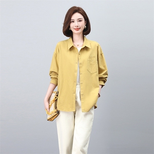 大码女装宽松衬衫外套女春装2026新款设计感小众黄色衬衣纯棉上衣图片