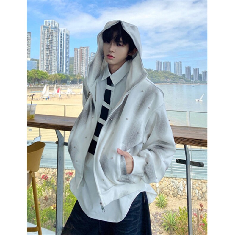 扎染珍珠点缀喷绘连帽拉链卫衣开衫外套男女同款WW02,女装短外套,星座1116A（原606A-3）