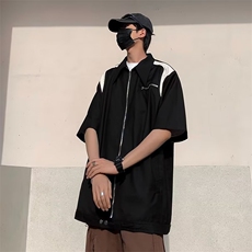 美式复古设计高级感短袖衬衫潮牌小众撞色拉链宽松外搭外套衬衣，男装衬衫，星座601-2