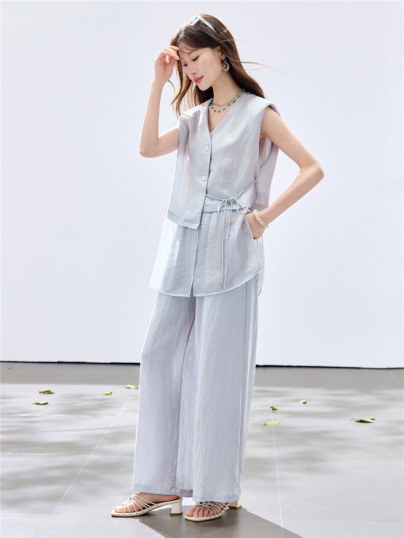 夏季新款现货！2026休闲风阔版拼接小垫肩上衣+松紧腰阔腿裤套装,女装套装/套裙,央宝儿
