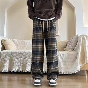 美拉德格子休闲裤男秋季复古潮牌百搭阔腿裤美式高街青少年运动裤图片