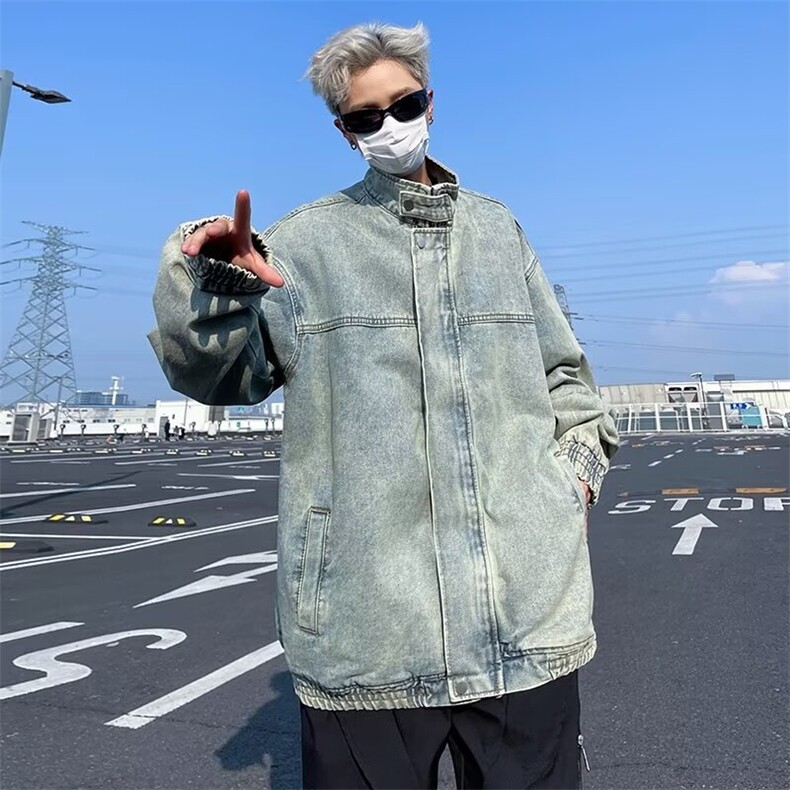 立领水洗牛仔外套男款美式痞帅小众宽松夹克港风潮牌ins百搭上衣,男装工装外套,星座410-6（原星座1304-1）