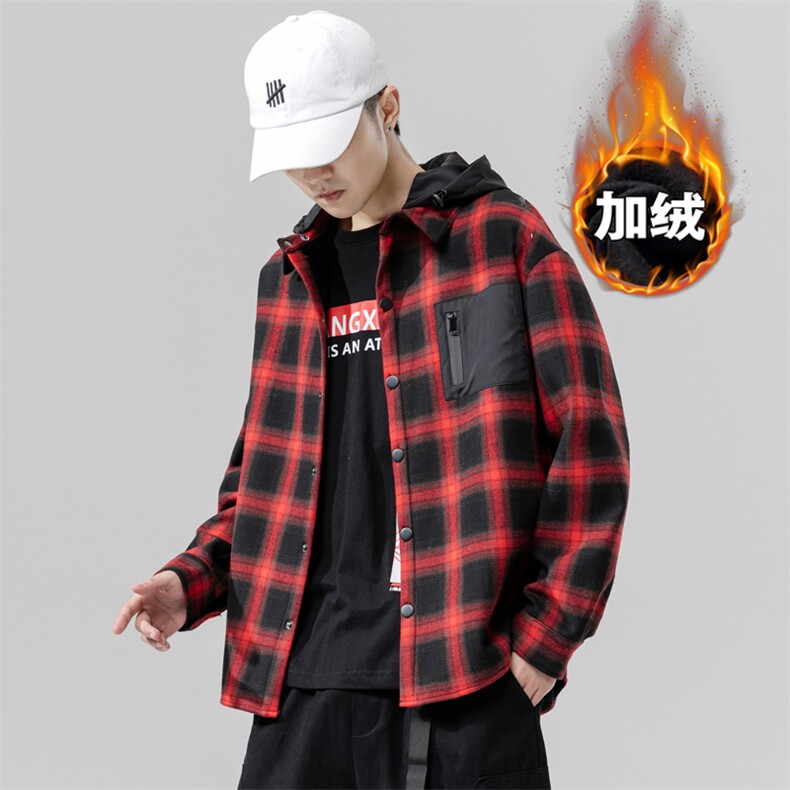 2019冬季新无影墙日系大码格子连帽加绒加厚保暖衬衫男C5291-P65,男装衬衫,电商A001