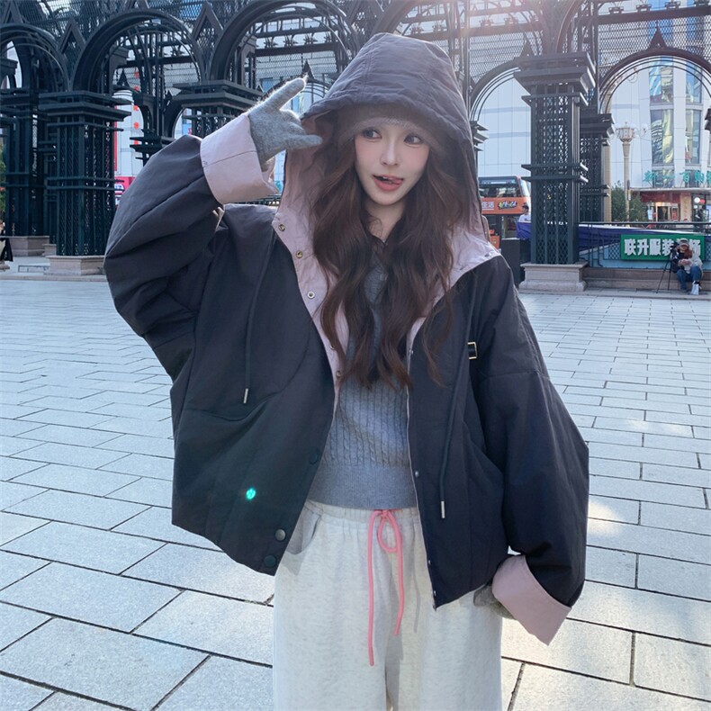撞色拼接连帽加厚休闲羽绒棉服女冬季2025新款超好看漂亮棉衣棉袄,女装短外套,2C317
