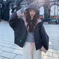 撞色拼接连帽加厚休闲羽绒棉服女冬季2025新款超好看漂亮棉衣棉袄，女装短外套，2C317