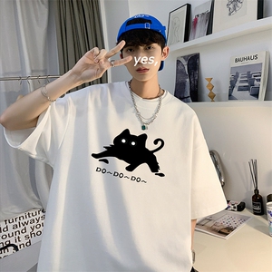 wassup happy美式猫咪短袖t恤男夏季薄款潮流圆领宽松休闲五分袖图片