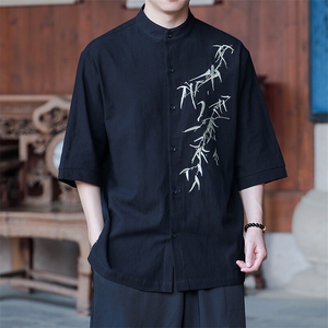 棉麻风新款25夏刺绣竹叶立领短袖衬衫T恤男女A021-T29-p65控89图片