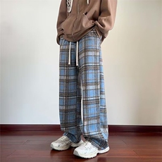 格子毛呢休闲裤男春秋季美式复古宽松直筒阔腿休闲运动长裤子男款，女装休闲裤，星座506A