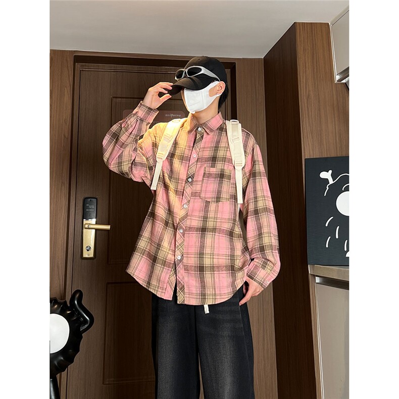 控价59港风格子衬衫宽松外套男女衬衣百搭格子外套CS2401P35,男装衬衫,电商A128