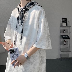 TZ788-特P58控98夏连帽格子撞色扎染冰感冰丝大码短袖短裤套装