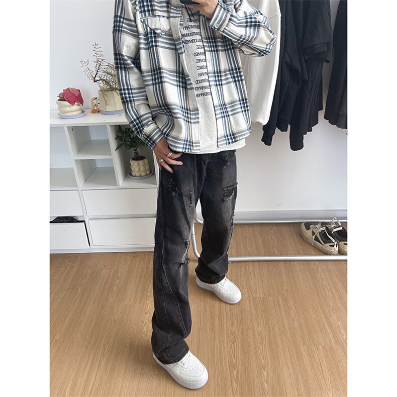 B221美式ins高街小众个性男女破洞牛仔裤LK23001-P65控88,男装牛仔裤,电商B221