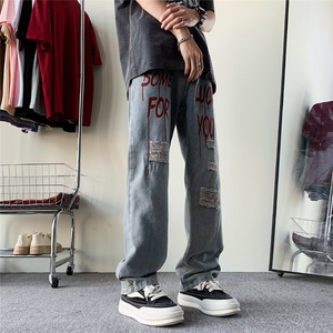 欧美高街裤子潮牌hiphop破洞牛仔裤男痞帅炸街直筒长裤500222-p38图片