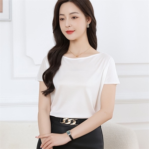2025夏季三醋酸一字领短袖女宽松薄款丝滑缎面半袖t恤上衣高级感图片