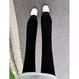 复古微喇牛仔裤女cleanfit水洗做旧毛边铆钉显瘦休闲裤 N8418图片