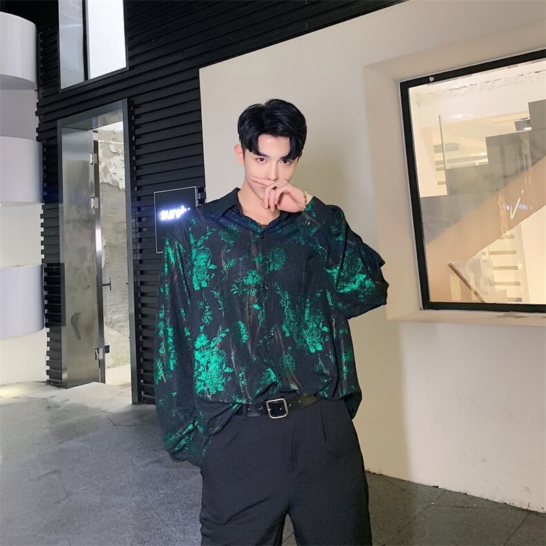 春秋网红复古洋气长袖衬衫男小众烫金印花潮流痞帅衬衣1156-P75，男装衬衫，电商A345