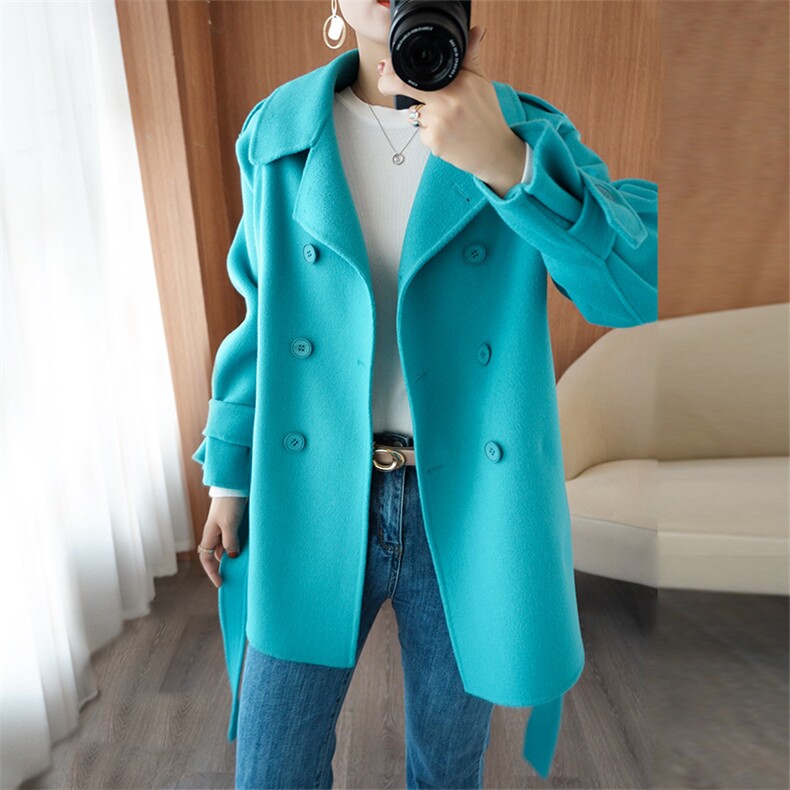 韩版系带加厚羊毛毛呢外套双面羊绒大衣女高端秋冬短款小个子呢子，女装毛呢外套，乾庄羊绒