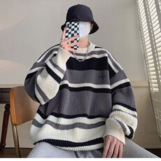 2025毛衣男士日系复古条纹撞色打底衫线衣秋冬潮牌宽松针织衫外套，男装T恤，星座715-4