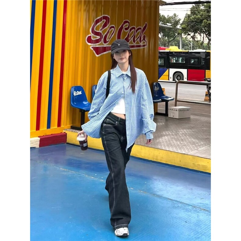 慵懒风蓝色长袖格子衬衫男款美式复古格纹休闲衬衣外套薄款上衣潮,男装衬衫,星座1210-1