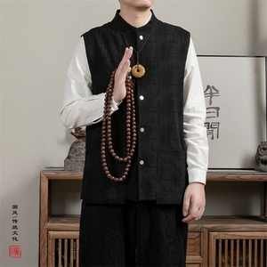风男装秋季立领新中式棉麻提花马甲MJ85P75图片