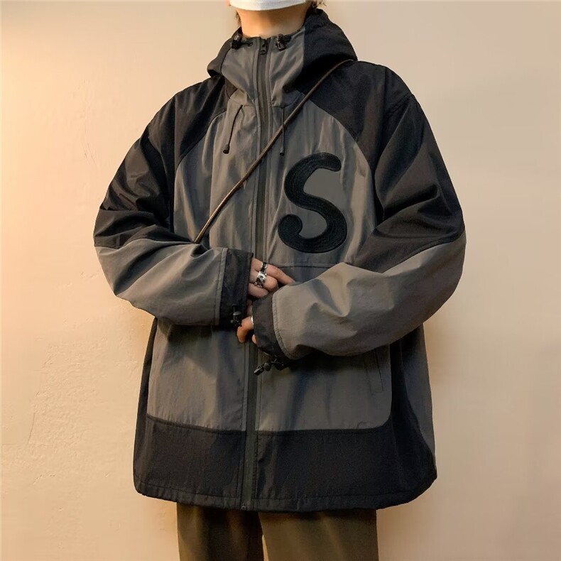 美式机能连帽冲锋衣男冬季日系复古拼接撞色潮牌刺绣夹克W6672P60,男装夹克,星座1116-2