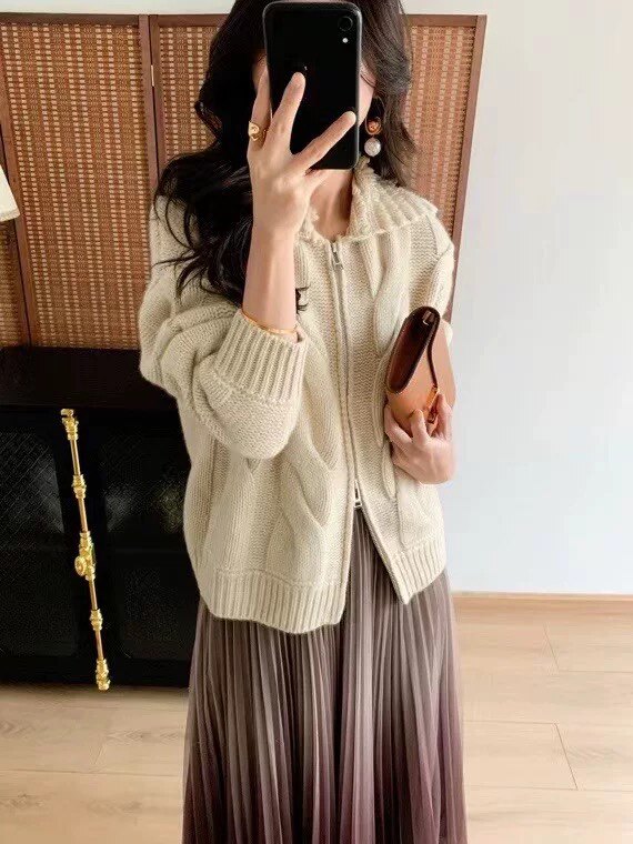 纯色山羊绒开衫女POLO领宽松针织衫毛衣外套图片