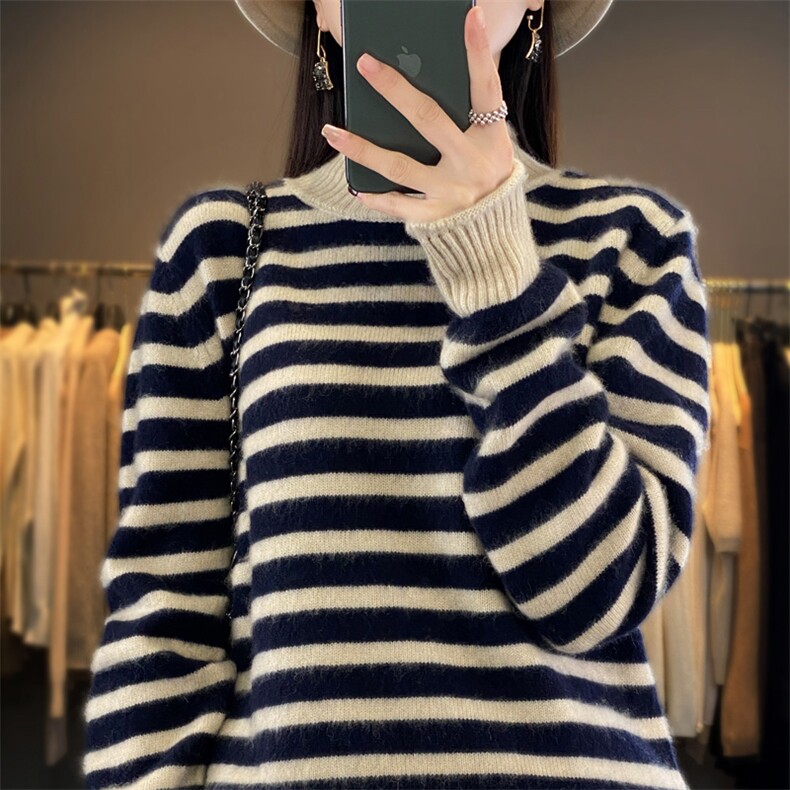 时尚条纹羊毛衫女秋冬新款修身显瘦长袖针织衫气质百搭上衣，女装羊毛衫，琳华羊绒